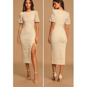 Lulus Candlelight Romance Cream Lace Puff Sleeve Midi Dress Bridal XS